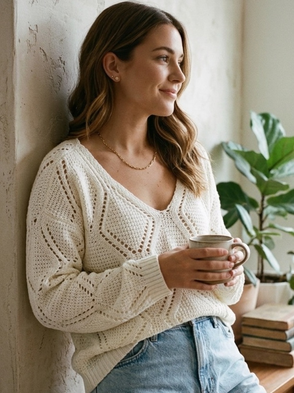 Gibson Latimer Oversized Cable Knit V-Neck Sweater Ivory XL